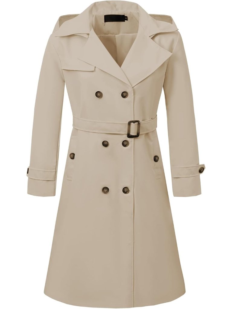 Women's Khaki Double Breasted Classic Lapel Belted Slim Long Trench Coat